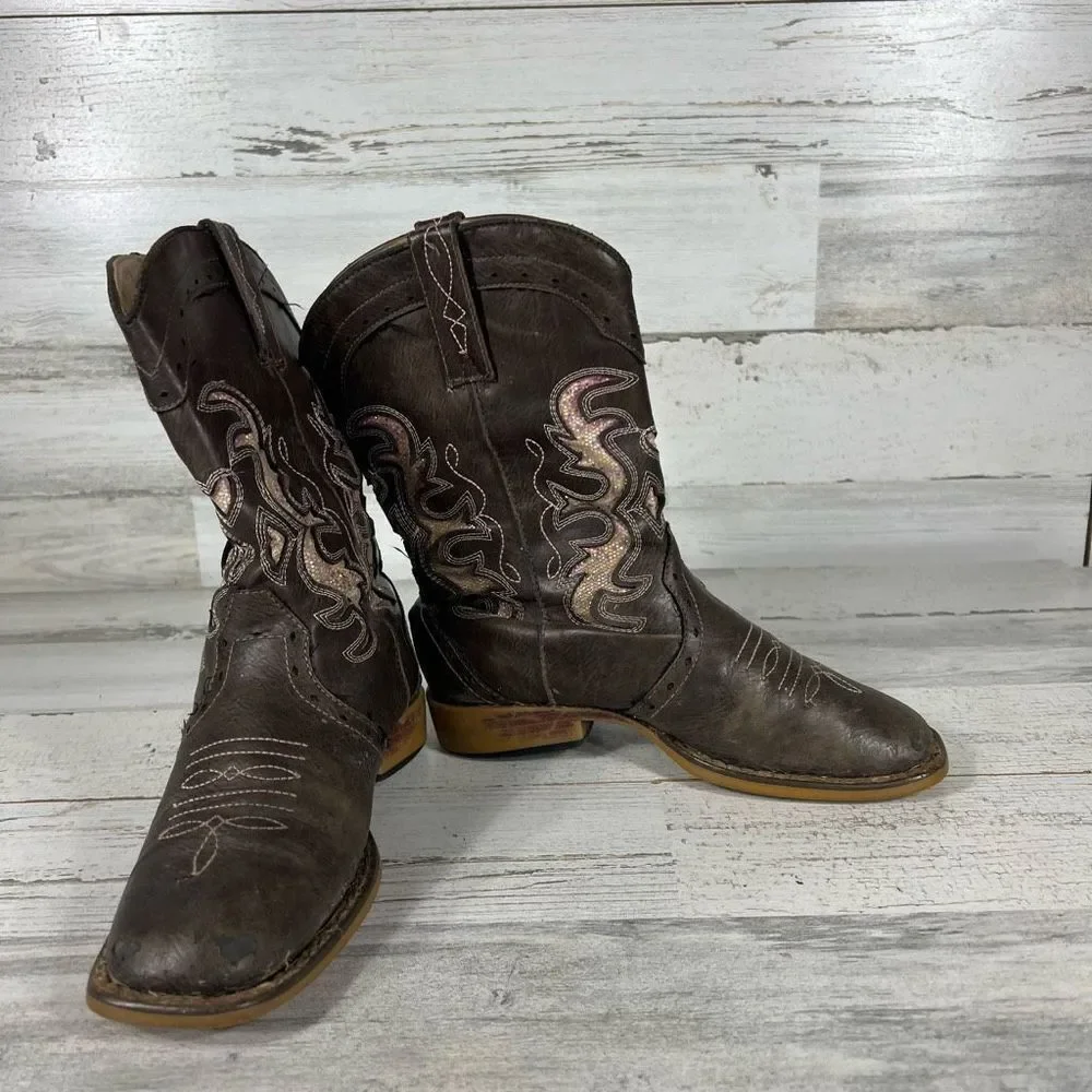 Roper Girls‎ Kids Boots Embroidered Slip On Sequin Leather Brown Size 1
